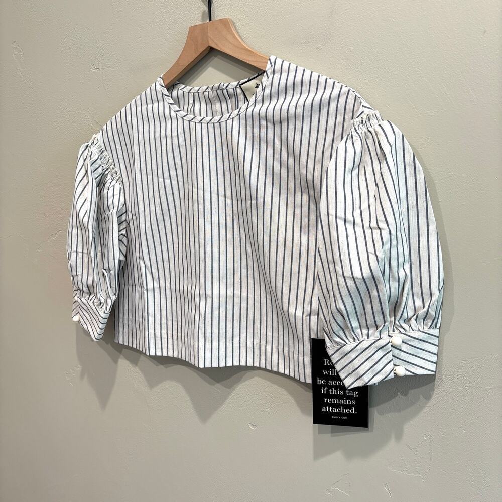 NWT Tuckernuck Edie Linen Puff Sleeve Crop Top in Blue Stripe - Size: Medium - Picture 10 of 12